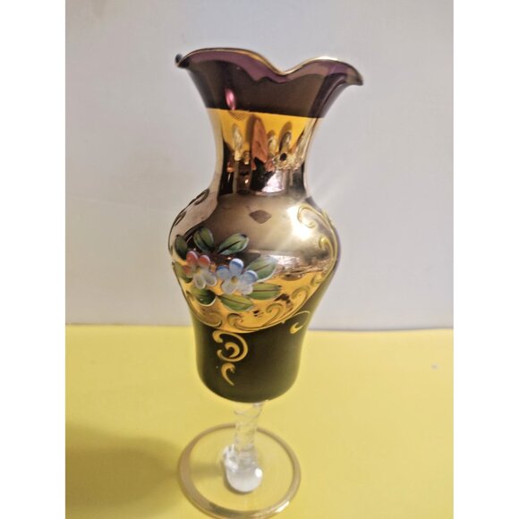 Vintage NASCO Japan Amethyst Glass Vase Raised Enamel Flowers 7" - Picture 10 of 10